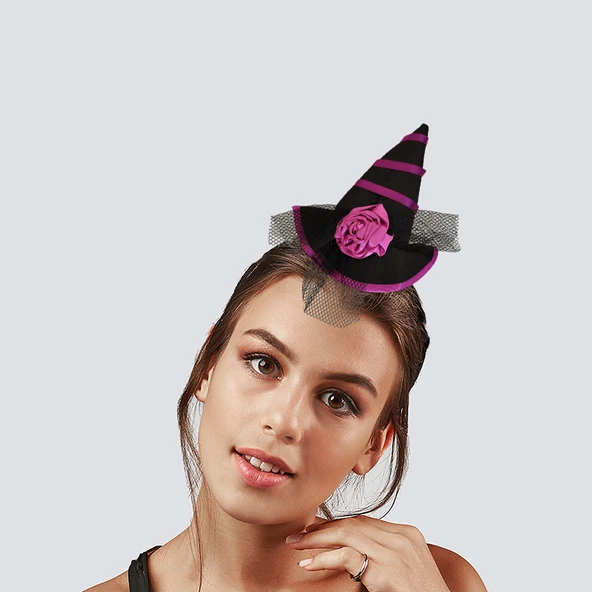 Halloween Cadılar Bay.Mor Siyah Güllü Mini Şapka ürün görseli 1