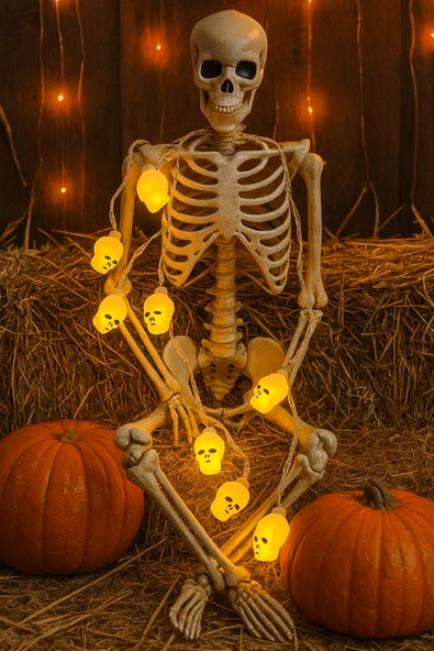 Halloween Cadılar Bayramı Led Işık Kuru Kafa Figür 2m 5cm lik 10lu pilli Parti Aksesuarı ürün görseli 1