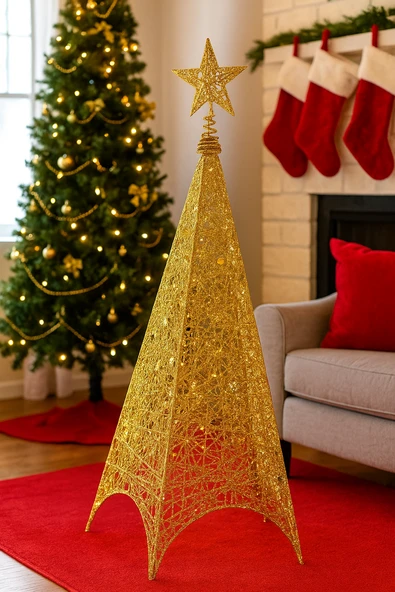 125 Cm Yılbaşı Tel Kule - 3 Boyutlu Altın (Gold) Renkli Lüks Dekoratif Kule Işıklı Çam Ağacı Alternatifi ürün görseli 1