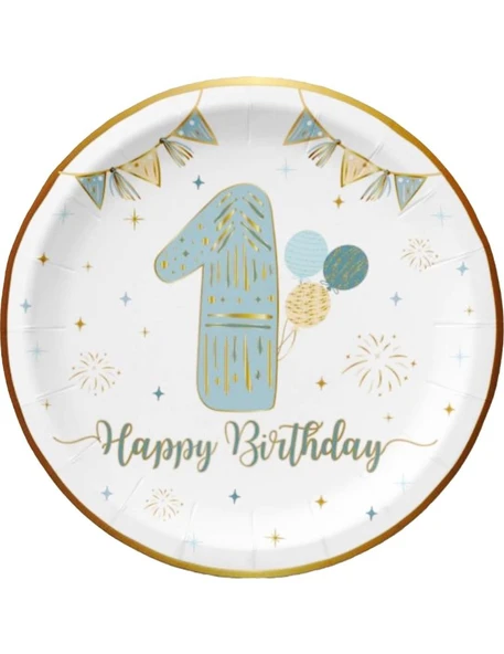 Tabak 1 Yaş Happy birthday MAVİ altın varakl 6lı ürün görseli 1