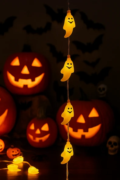 Halloween Cadılar Bayramı Led Işık Hayalet  Figür 2m 6cm10lu pilli Süsleme Aksesuarı ürün görseli 1