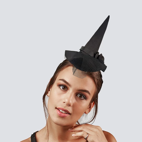 Halloween Cadılar Bayramı Siyah Güllü Tüllü Mini Cadı Şapkası Şeklinde Taç Parti Aksesuarı ürün görseli 1