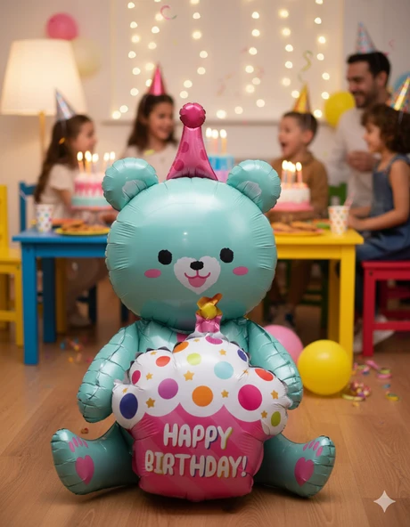 92x73 Cm – Folyo Balon Oturan Ayı Cupcakeli Yeşil Parti ve Doğum Günü Balonu ürün görseli 1
