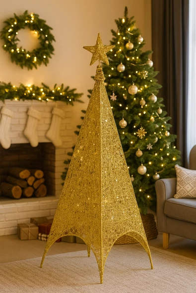 150 Cm Yılbaşı Tel Kule - 3 Boyutlu Altın (Gold) Renkli Lüks Dekoratif Kule Işıklı Çam Ağacı Alternatifi ürün görseli 1