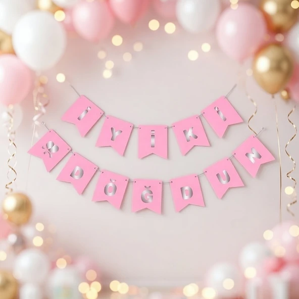 İyi Ki Doğdun Banner Pembe Gümüş Yazılı Doğum Günü Parti Flama Süsü ürün görseli 1