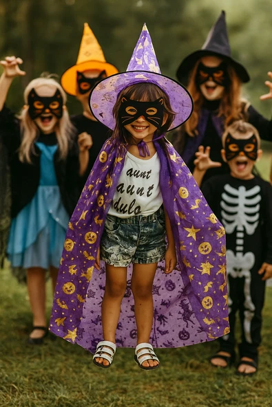 Hallowen cadı pelerinli şapkalı takım.MOR-GOLD ürün görseli 1