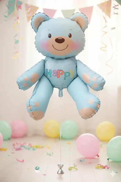 51x54 cm Oturan Ayı Mavi Folyo Balon - Doğum Günü Parti Dekorasyon Balonu ürün görseli 1