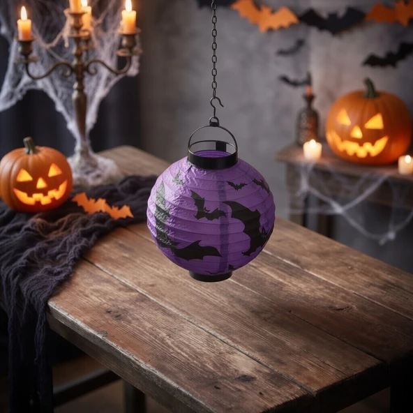 Halloween Pilli Japon Feneri 20 cm Mor Yarasa Desenli Cadılar Bayramı Dekor Süsleme ürün görseli 1