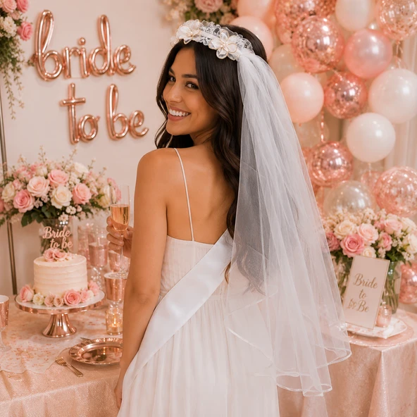 Çiçekli İncili Duvaklı Taç Çember Model Bekarlığa Veda Parti Aksesuarı Bride ürün görseli 1