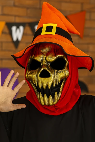 Halloween Maske Plastik İskelet altın arkası tüllü ürün görseli 1