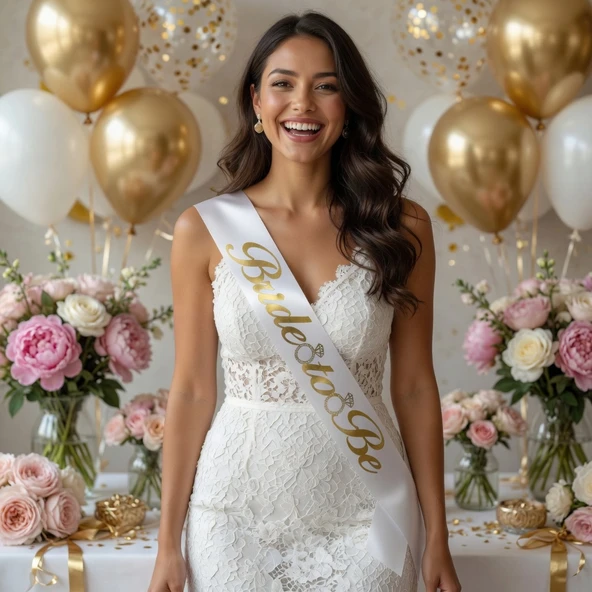 Bride To Be Beyaz Gold Yazılı Gelin Kuşağı 2 Metre Bekarlığa Veda Aksesuarı ürün görseli 1