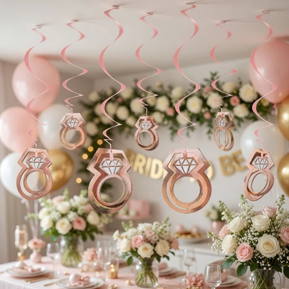 3D Rose Gold Yüzük Asmalı Tavan Sarkıt Süsü 10'lu Bekarlığa Veda Dekoru ürün görseli 1