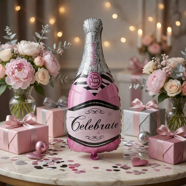 Pembe Şampanya Şişesi Folyo Balon Celebrate 49x100 cm Parti Dekorasyon Süsü ürün görseli 1