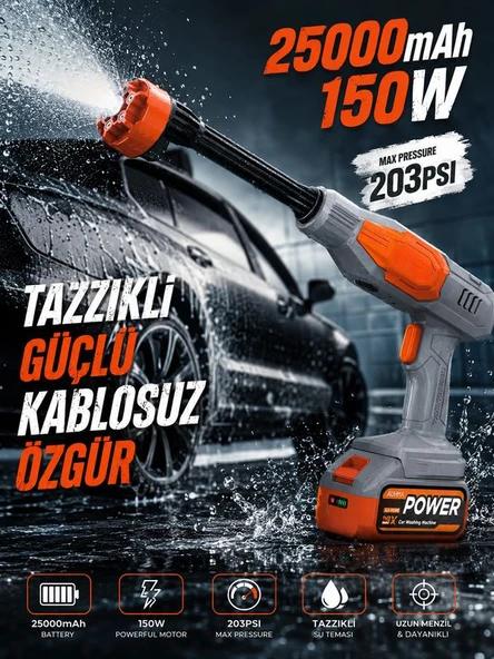 203PSI Basınçlı Oto Yıkama Makinesi 25000mAh Çift Batarya 150W 6in1 Çantalı Kablosuz ürün görseli 1