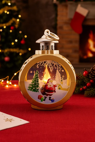Yılbaşı Ledli Fener (12 cm) - OVAL Altın (Gold) Işık Desenli Dekoratif Masa ve Ağaç Süsü ürün görseli 1