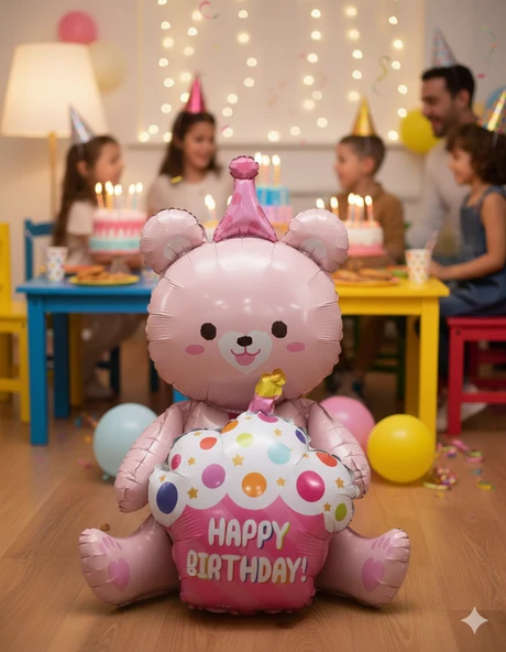 92x73 Cm – Folyo Balon Oturan Ayı Cupcakeli Pembe Parti ve Doğum Günü Balonu ürün görseli 1