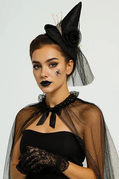 Halloween Cadılar Bayramı Taç Mini Cadı Şapkalı Tüllü Güllü Siyah ürün görseli 1