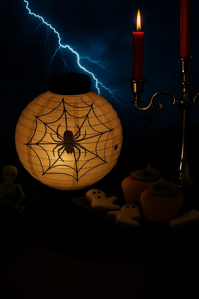 Halloween Cadılar Bayramı Japon Feneri Pilli 20 cm Beyaz Örümcek Desenli Korku Aksesuarı ürün görseli 1