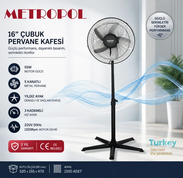 Metropol MP-1005-M 16" Ayaklı Vantilatör 55W Güçlü Motor ile 5 Kollu Metal Pervane ürün görseli 1