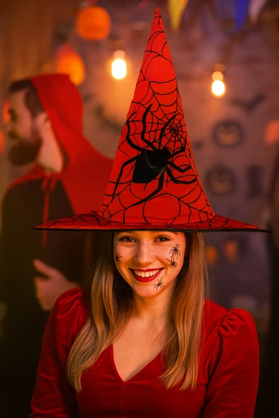 Hallowen cadı şapkası Kırmızı Dev Örümcek Desenli ürün görseli 1