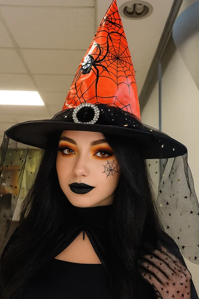 Hallowen Cadılar Bayramı Cadı Şapkası Tokalı Tüllü Turuncu Siyah Örümcek ve Ağ Desenli Korku Şapkası ürün görseli 1