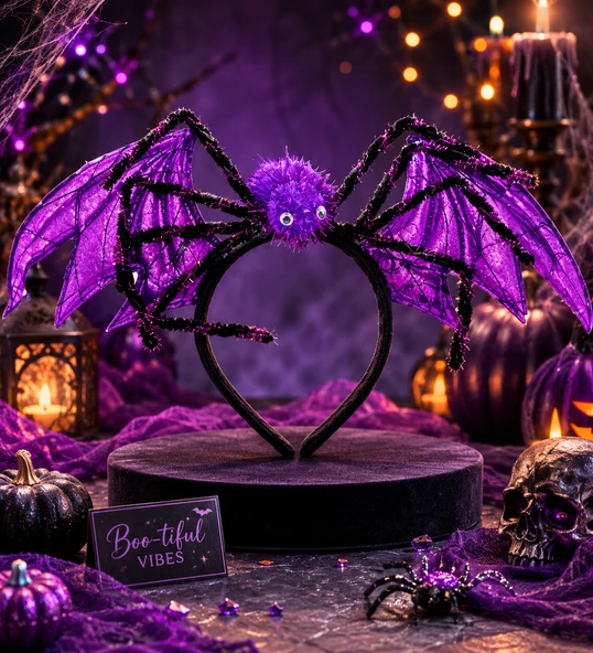 Halloween Cadılar Bayramı Mor Yarasa Kanatlı Örümcekli Taç 20x35,5 cm Parti Aksesuarı ürün görseli 1