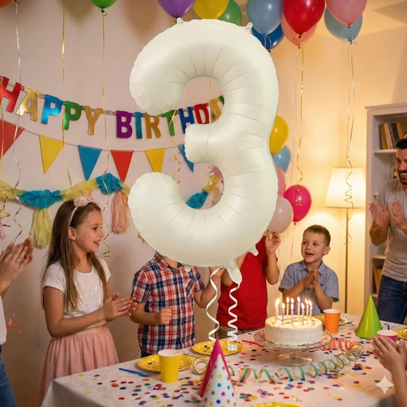 82 cm – Folyo Rakam 3 Bej Krem Renk 34 İnç Dekoratif Parti Balonu ürün görseli 1