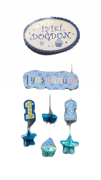 1 Yaş Günüm iyiki doğdun asmalı MAVİ erkek KF-018 ürün görseli 1