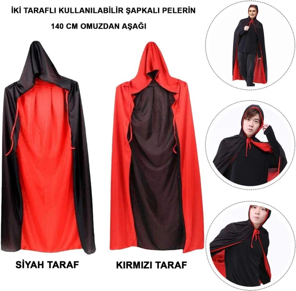 Halloween Pelerin Çift Taraflı Kapüşonlu 150cm - Resim 3