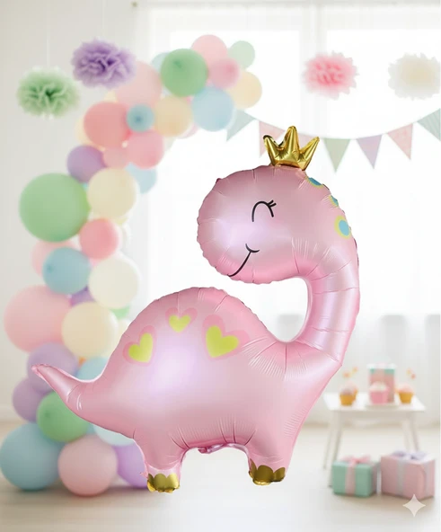 Folyo Balon Pembe Dinozor Taçlı Kaplı 96x67 cm Büyük Boy Parti ve Doğum Günü Balonu ürün görseli 1