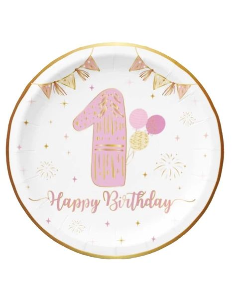 Tabak 1 Yaş Happy birthday PEMBE altın varakl 6lı ürün görseli 1