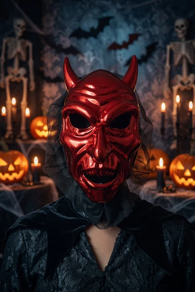 Halloween Cadılar Bayramı Şeytan Maskesi Kırmızı Metalik Tüllü Korku Parti Aksesuarı ürün görseli 1