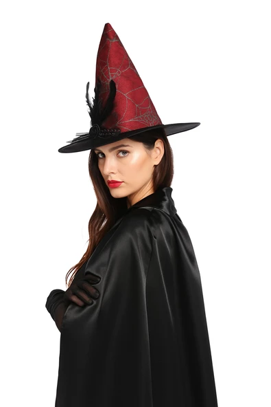 Hallowen Cadı Şapkası Çiçekli Tüylü Model Kırmızı Renkli Cadılar Bayramı Şapkası ürün görseli 1