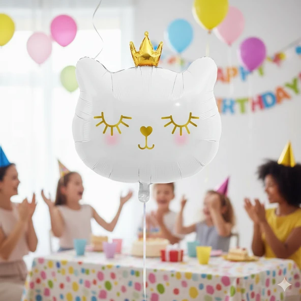 30 İnç Beyaz Kedi Kafası Taçlı Folyo Balon - Doğum Günü Parti Dekorasyon Balonu ürün görseli 1