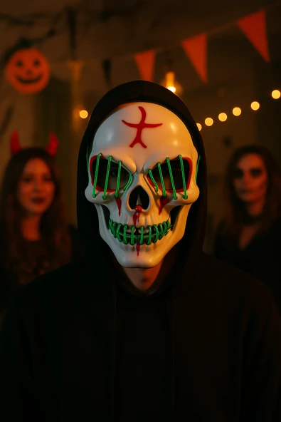 Halloween Maske Kuru kafa Işıklı Yeşil Teller - Resim 4