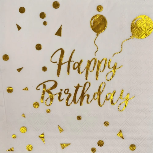 Peçete Varaklı Happy Birthday yazı beyaz üstü gold ürün görseli 1