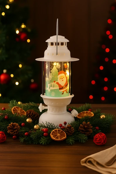 Yılbaşı Ledli Fener (14 cm) - Beyaz Işık Gaz Lambası Desenli Dekoratif Masa ve Ağaç Süsü ürün görseli 1