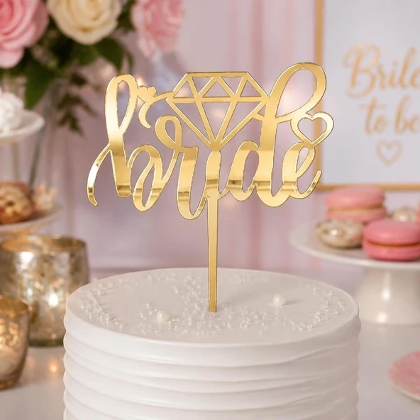 Bride Temalı Gold Pleksi Pasta Süsü 14x14 CM Bekarlığa Veda Cake Topper ürün görseli 1