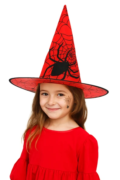 Hallowen cadı şapkası Kırmızı Dev Örümcek Desenli - Resim 3