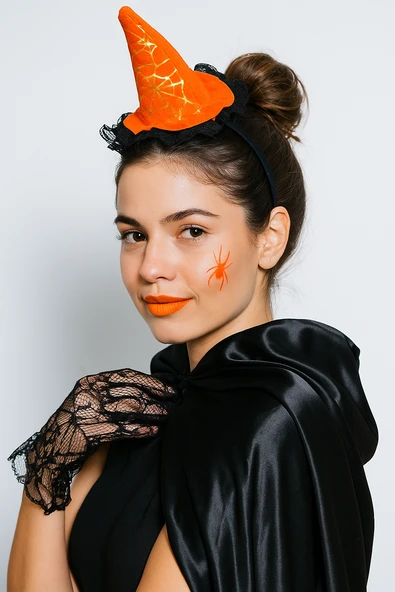 Halloween Cadılar Bayramı Taç Mini Cadı Şapkası Şeklinde Tüllü Turuncu-Siyah Varaklı Örümcek Ağı Desenli ürün görseli 1