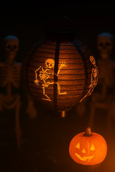 Halloween Cadılar Bayramı Japon Feneri Pilli 20 cm Siyah Renkli İskelet Desenli Korku Aksesuarı ürün görseli 1