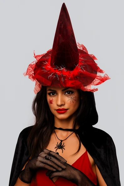 Hallowen Cadılar Bayramı Cadı Şapkası Örümcek Ağı Baskılı Tüylü Simli Kırmızı Parti Kostümü ürün görseli 1