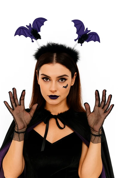 Halloween Cadılar Bayramı 2li Mor Yarasa Taç Tüylü Pari Aksesuarı ürün görseli 1