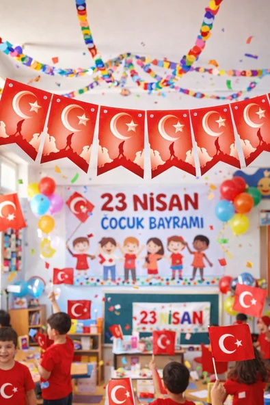 23 Nisan Kırlangıç Bayrak Flama Atatürk ve Türk Bayrak Baskılı Parti Süsleme ürün görseli 1