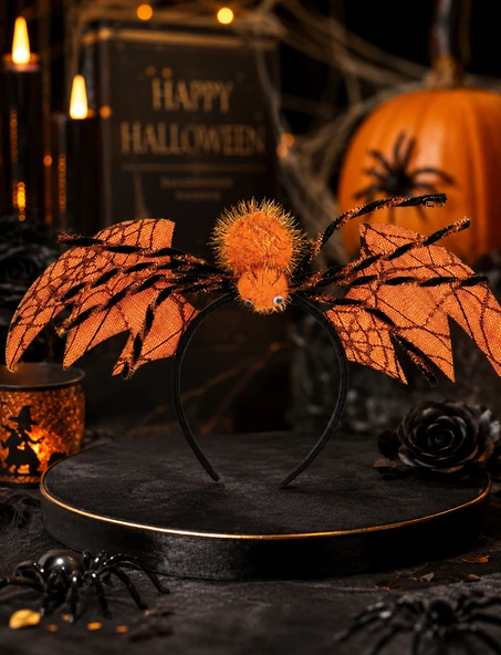 Halloween Cadılar Bayramı Turuncu Yarasa Kanatlı Örümcekli Taç Kostüm Parti Aksesuarı ürün görseli 1