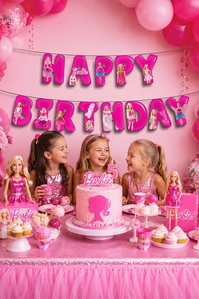 Barbie Happy Birthday Yazı Banner Kız Çocuk Doğum Günü Parti Süsü Dekoru ürün görseli 1