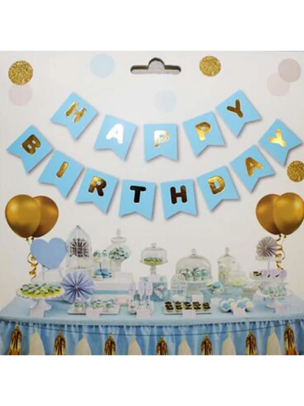 Happy Birthday Banner Mavi Altın Yazılı Doğum Günü Parti Süsü Dekorasyonu ürün görseli 1