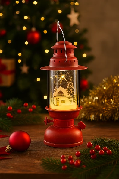 Yılbaşı Ledli Fener (14 cm) - Kırmızı Işık Gaz Lambası Desenli Dekoratif Masa ve Ağaç Süsü ürün görseli 1