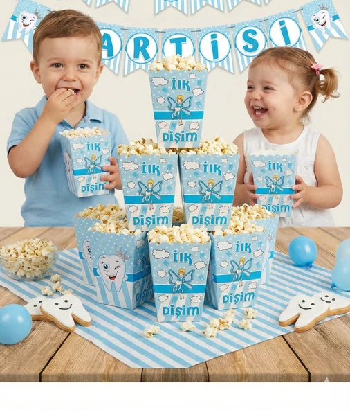 8 ADET - Mısır Kutusu Popcorn Diş Partisi Erkek Mavi Diş Buğdayı Parti Seti ürün görseli 1