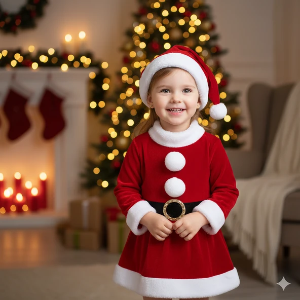 2–3 Yaş Kız Çocuk Noel Baba Kostümü – Şapkalı ve Kemerli Yılbaşı Elbise Seti ürün görseli 1